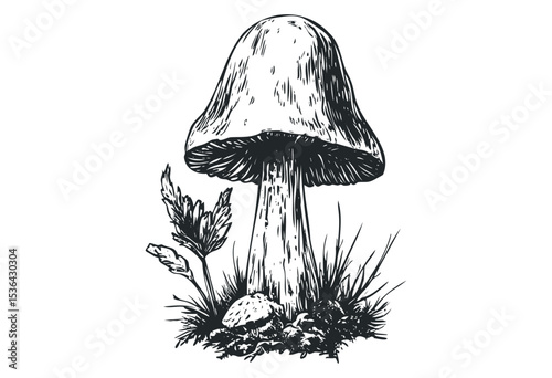 Detailed hand-drawn illustration of a mushroom in natural setting. Vector retro hand drawn illustration