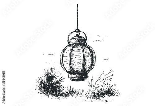 Vintage hanging lantern sketch with foliage accents. Vector retro hand drawn illustration