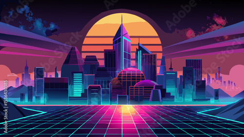 Surreal cyberpunk cityscape with glowing sun and neon clouds Very beautiful Very beautiful