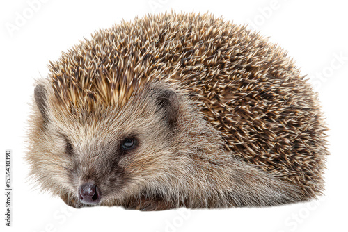 A hedgehog mid-curl spines flaring outward as it tucks its nose under its belly isolated on transparent background . Ultra-sharp detail on quills and soft underbelly fur.  photo