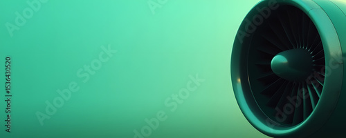 Close up detailed view of airplane engine against a gradient teal background