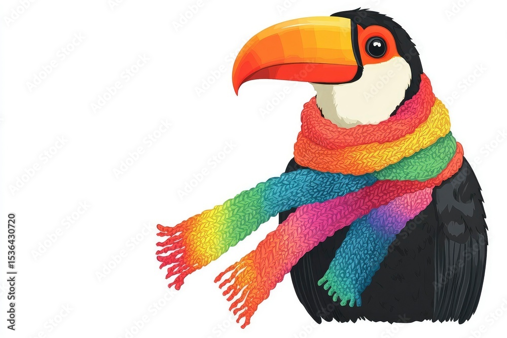 Fototapeta premium toucan knitting scarf with rainbow yarn, warm cozy vector look