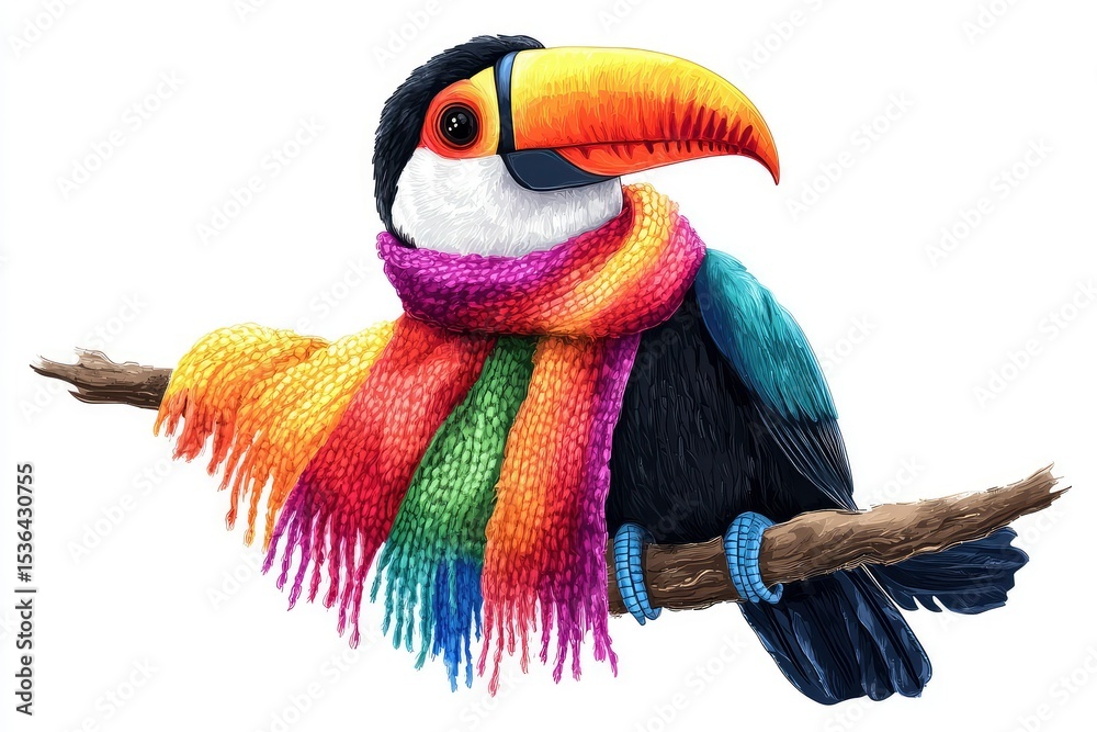 Fototapeta premium toucan knitting scarf with rainbow yarn, warm cozy vector look