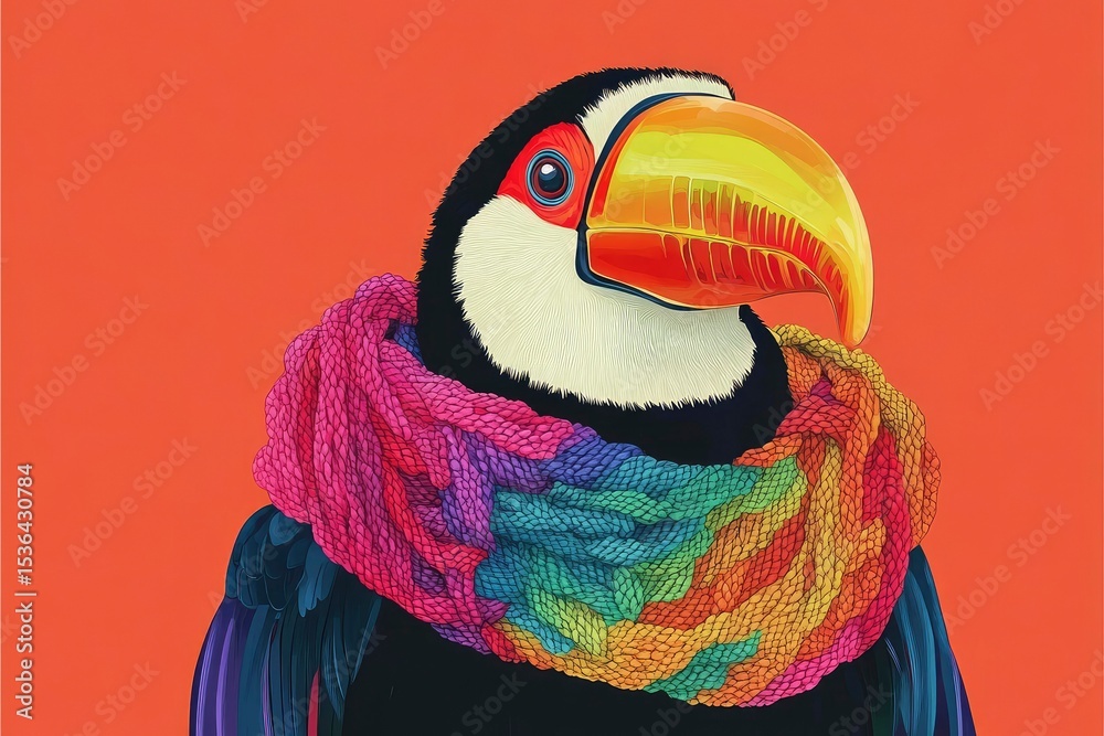 Fototapeta premium toucan knitting scarf with rainbow yarn, warm cozy vector look