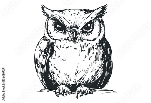 Detailed owl sketch with intense eyes and feather texture. Vector retro hand drawn illustration