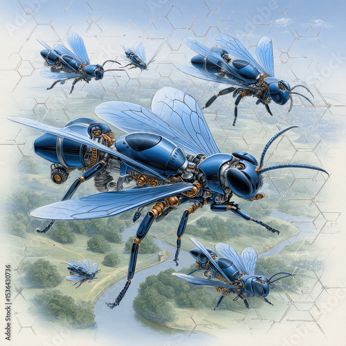 Scientific illustration for journal Science, describing a futuristic R&D framework the research of nano drone swarms