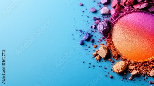A vibrant array of colorful cosmetic powders spread artfully across a blue background, showcasing the beauty of makeup in a dynamic and creative composition.