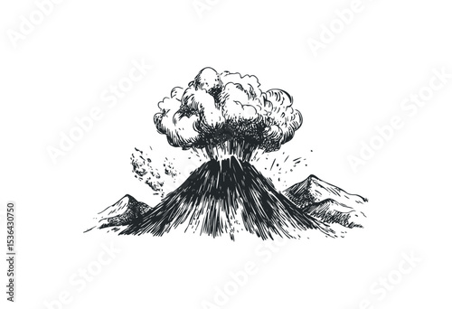 Illustration of a volcanic eruption with erupting lava and ash clouds. Vector retro hand drawn illustration