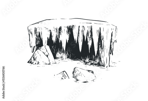 Monochrome drawing of icicles and rocks in a cave. Vector retro hand drawn illustration