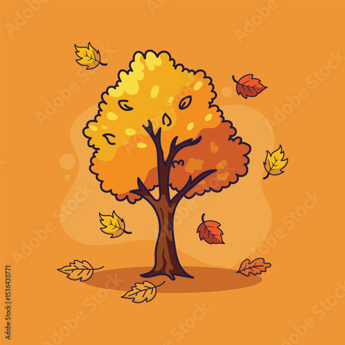 Autumn tree with yellow leaves on orange background. Vector illustration.