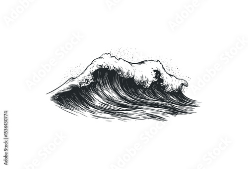 Intricate black and white wave with splashing foam artwork. Vector retro hand drawn illustration