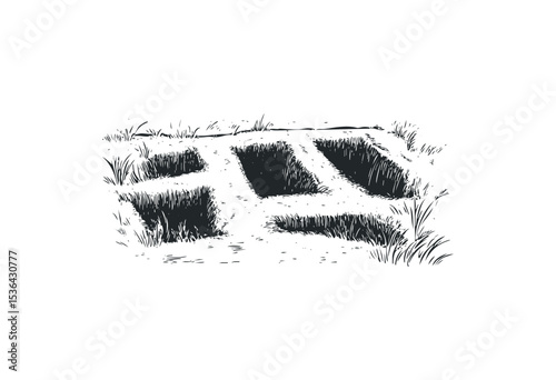 Overgrown ancient stone ruins in grassy landscape. Vector retro hand drawn illustration