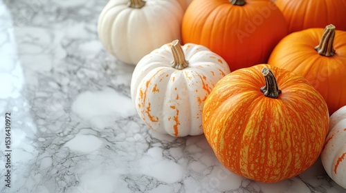 A close up of orange and white pumpkins on a marble surface for autumn or halloween display