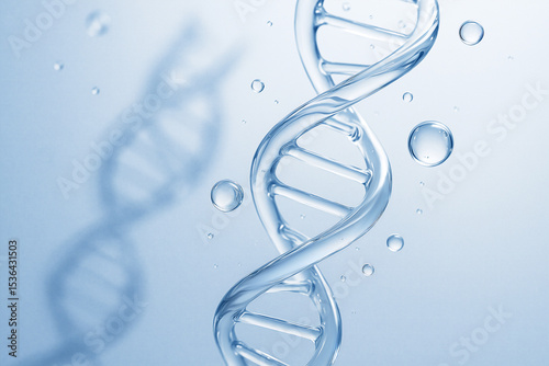 Futuristic Liquid Glass DNA Helix with Water Droplets Background
