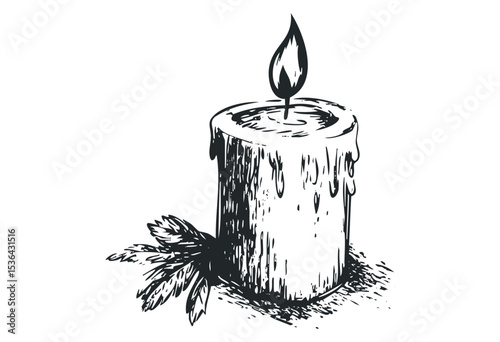 Hand-drawn candle with flame and leaves sketch for design. Vector retro hand drawn illustration