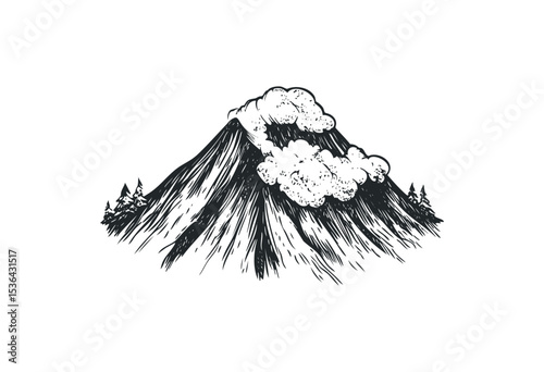 Vintage mountain drawing with eruption and forest elements. Vector retro hand drawn illustration