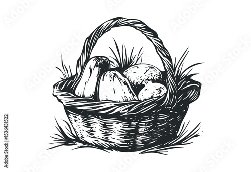 Hand-drawn fruit basket with apples and pears in rustic style. Vector retro hand drawn illustration