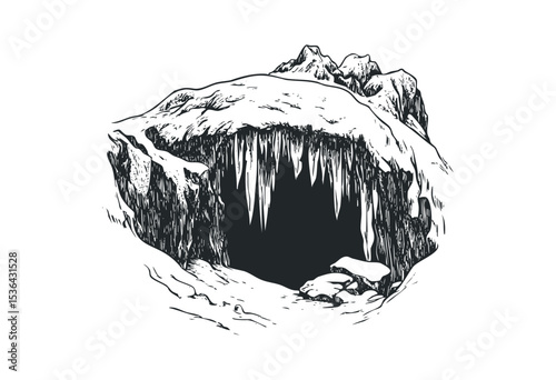 Snow-covered cave with icicles in mountainous landscape. Vector retro hand drawn illustration