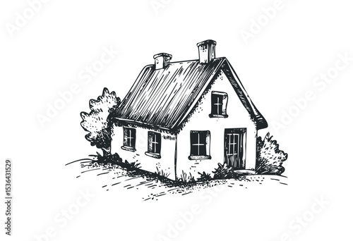 Charming rustic cottage with cozy windows and verdant surroundings. Vector retro hand drawn illustration