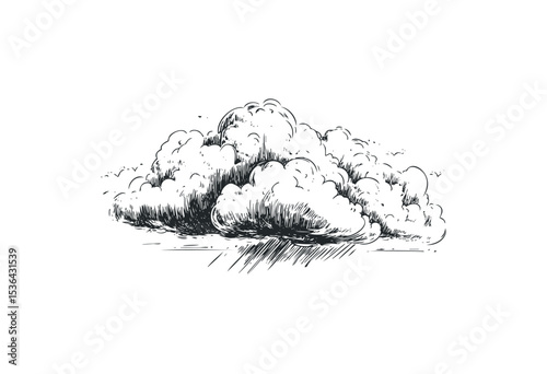 Detailed sketch of cumulus cloud formation with heavy rain. Vector retro hand drawn illustration