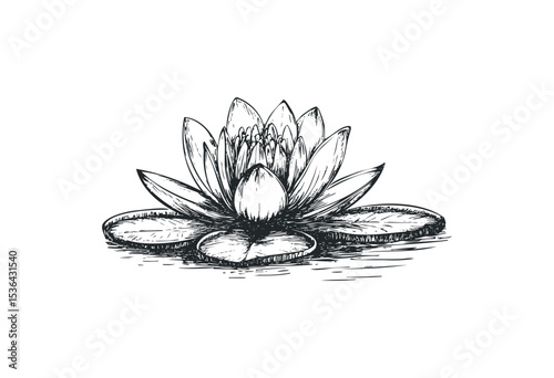 Detailed hand-drawn water lily illustration with lotus flower and leaves. Vector retro hand drawn illustration
