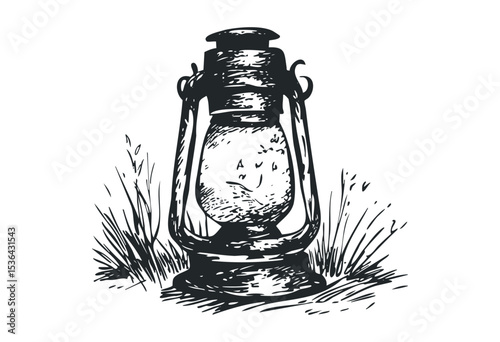 Vintage lantern drawing with grass - antique oil lamp sketch illustration. Vector retro hand drawn illustration