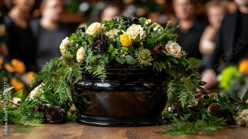 A beautifully arranged floral centerpiece atop a polished black casket, blending elegance and somberness to honor a life while offering a touch of natural beauty and remembrance.