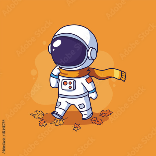 Cute astronaut cartoon with leafs in autumn and space suit vector illustration graphic design