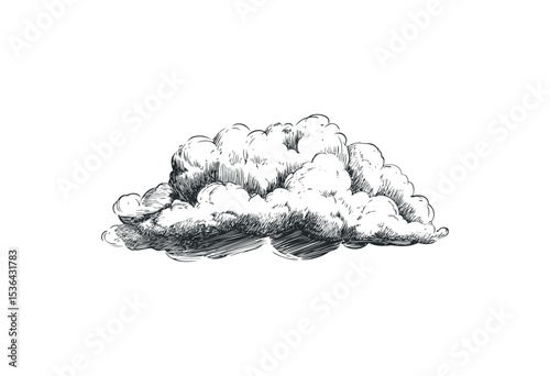 Intricate pen sketch of a voluminous cloud displaying detailed shading. Vector retro hand drawn illustration