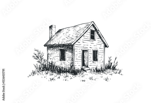 Detailed sketch of a rustic wooden house in grass surroundings. Vector retro hand drawn illustration