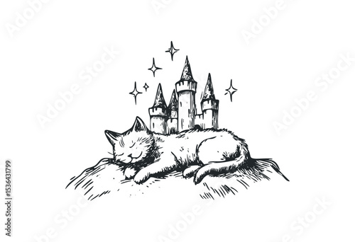 Dreaming cat sleeping peacefully with a fantasy castle in the background. Vector retro hand drawn illustration