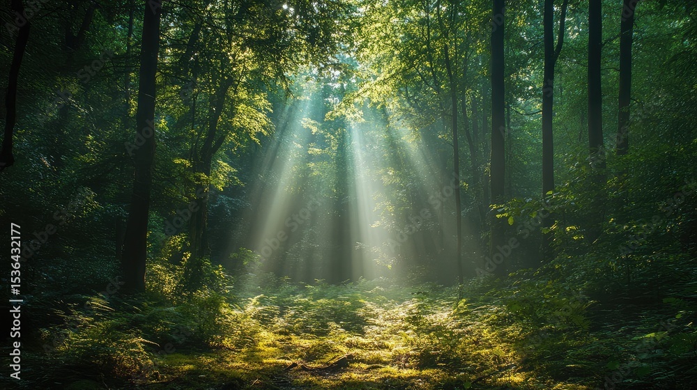 Fototapeta premium Sunlight streaming through trees in a dense forest illuminating the forest floor with a bright glow