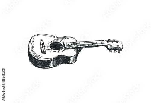 Hand-drawn acoustic guitar illustration with detailed strings and body. Vector retro hand drawn illustration