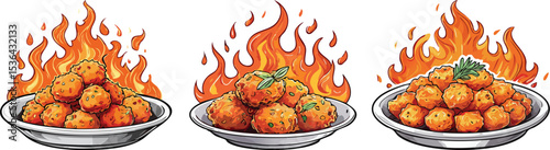 Spicy Meatballs on Fire - Hot Food Illustration Clipart
