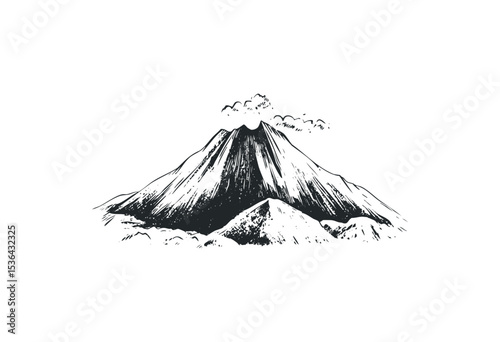 Hand-drawn mountain outline with clouds and snowy peaks. Vector retro hand drawn illustration