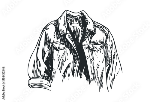Sketch of a denim jacket with rolled sleeve and button details. Vector retro hand drawn illustration