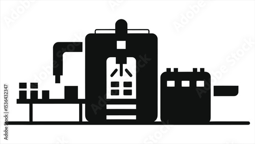 ( Packaging Machine)Automated Manufacturing Process: Silhouette Illustrative Industrial Machinery/Simple, black and white graphic illustration of an automated manufacturing process.