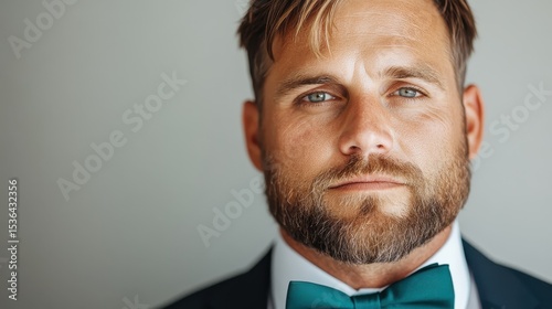 A striking portrait of a stylish man with a beard and bow tie, showcasing a serious expression and captivating gaze, perfect for fashion or grooming content.