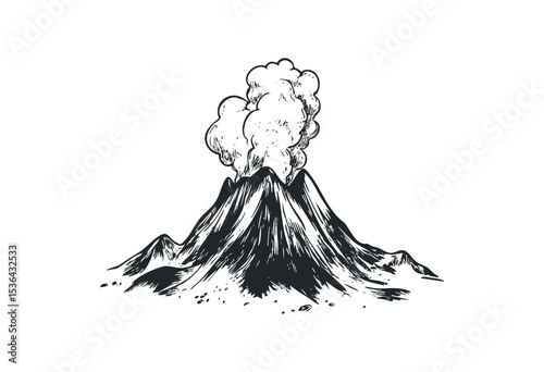 Vintage illustration of erupting volcano with smoke clouds. Vector retro hand drawn illustration