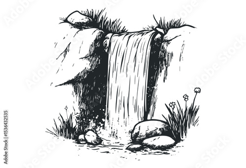 Artistic monochrome waterfall illustration with flowing water and rocks. Vector retro hand drawn illustration