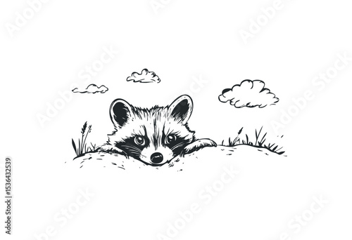 Illustrative drawing of a curious raccoon peeking from behind a hill with clouds. Vector retro hand drawn illustration