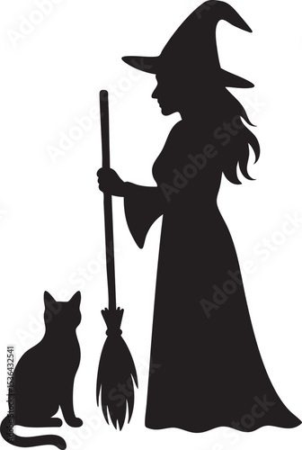 Witch and Cat Silhouette Clipart - Halloween, Spooky, Magic
