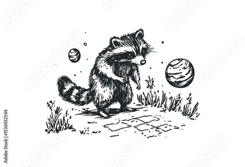 Space-inspired illustration of a curious raccoon with planets. Vector retro hand drawn illustration