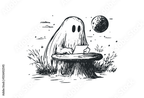 Ghostly figure reading a letter under the night sky with moon and stars. Vector retro hand drawn illustration
