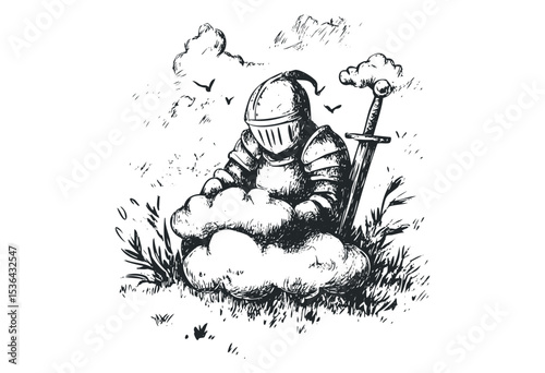 Knight resting on cloud with sword in hand-drawn medieval style. Vector retro hand drawn illustration