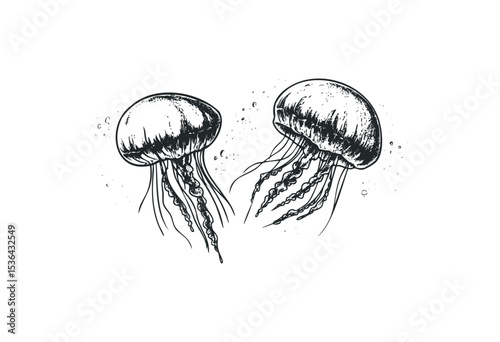 Intricate sketch of two jellyfish with detailed tentacles and organic patterns. Vector retro hand drawn illustration