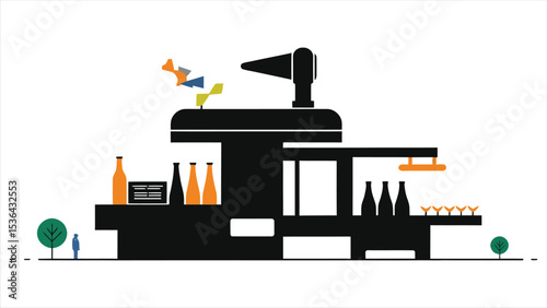 (Packaging Machine)Modern Beverage Production Line Illustration/Simple, stylized illustration of a beverage bottling plant.