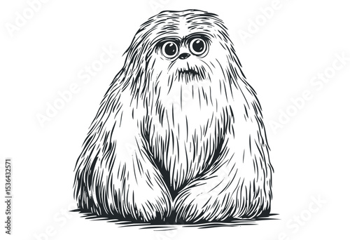 Illustration of a cartoon shaggy creature with wide eyes and long fur. Vector retro hand drawn illustration