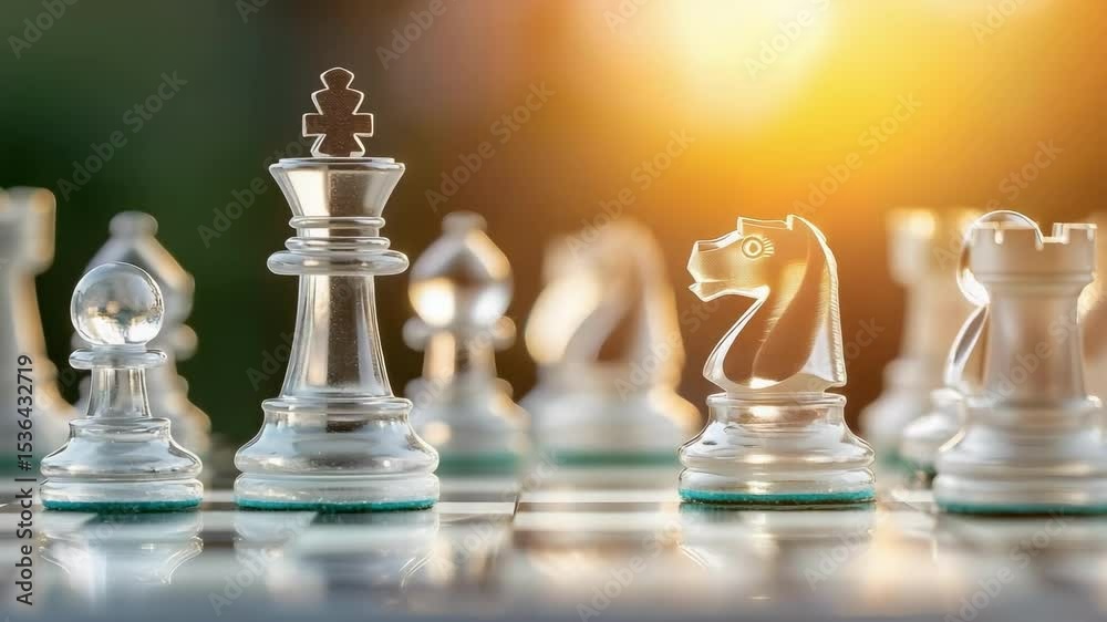 A close-up view of a glass chess set with a focus on a king and knight piece, illuminated by sunset lighting.