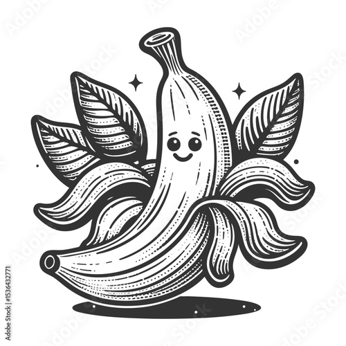 happy banana with leaves, playful character design sketch engraving generative ai fictional character vector illustration. Scratch board imitation. Black and white image.